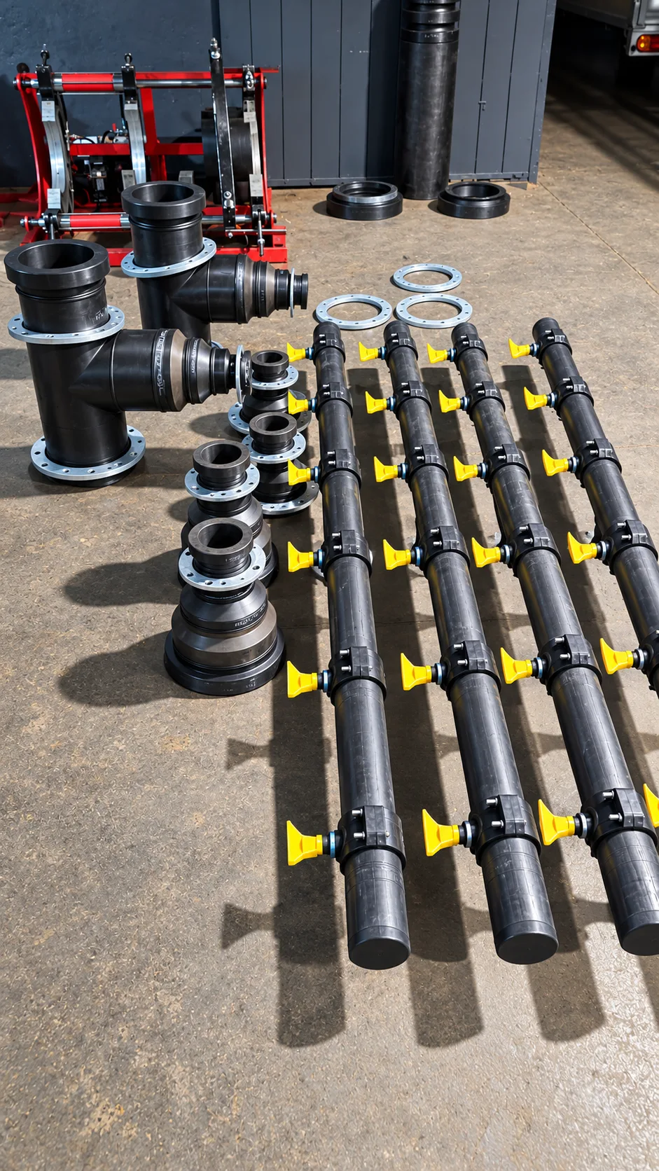 HDPE pipes and fittings laid out in a workshop