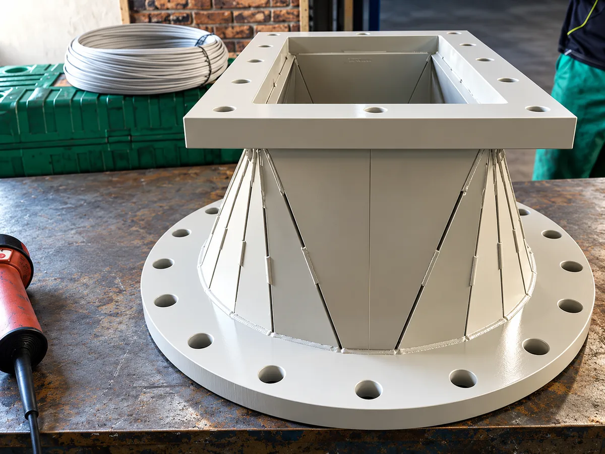 Fabricated plastic duct transition on a workbench